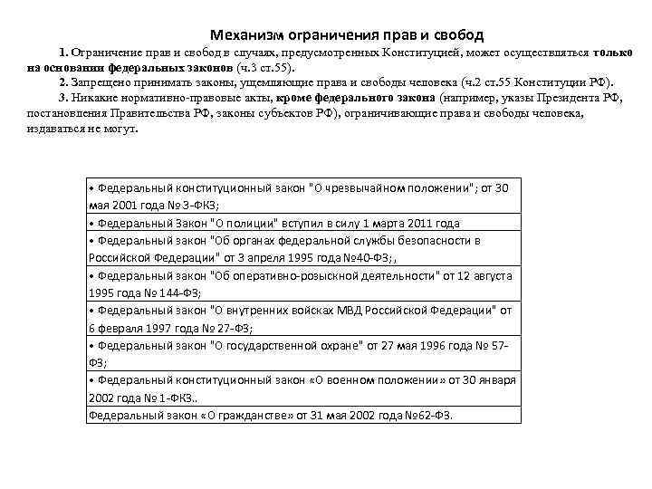 Механизм ограничения прав и свобод 1. Ограничение прав и свобод в случаях, предусмотренных Конституцией,