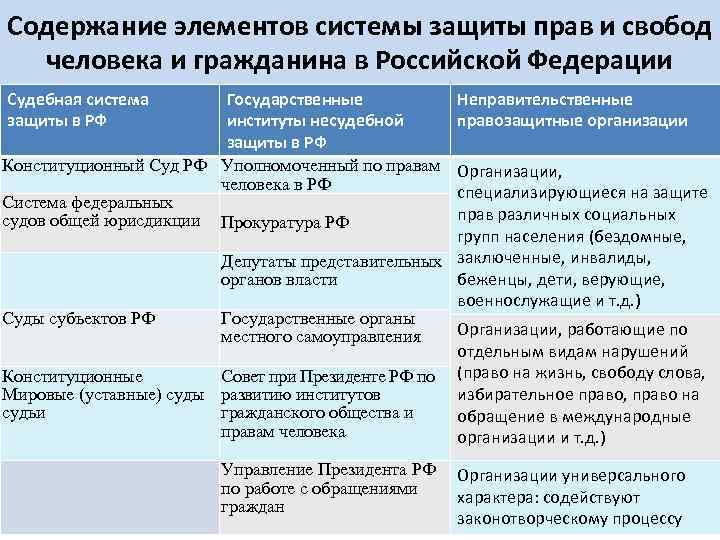 Содержание элементов системы защиты прав и свобод человека и гражданина в Российской Федерации •