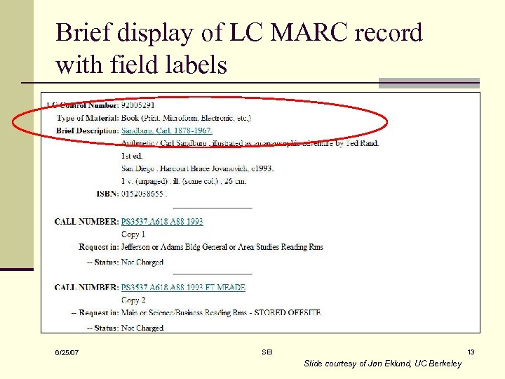 Brief display of LC MARC record with field labels 6/25/07 SEI 13 Slide courtesy