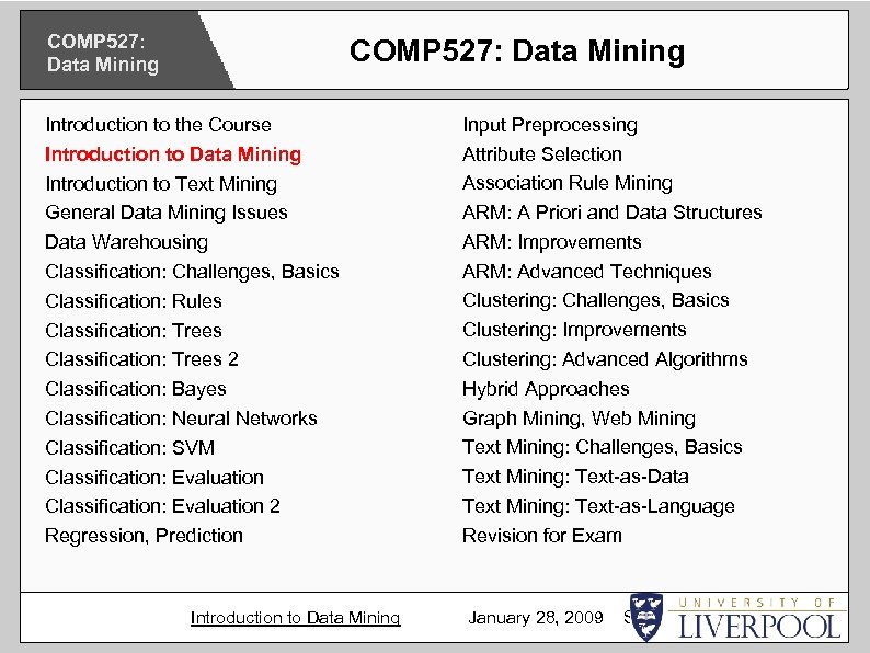 COMP 527: Data Mining Introduction to the Course Introduction to Data Mining Introduction to