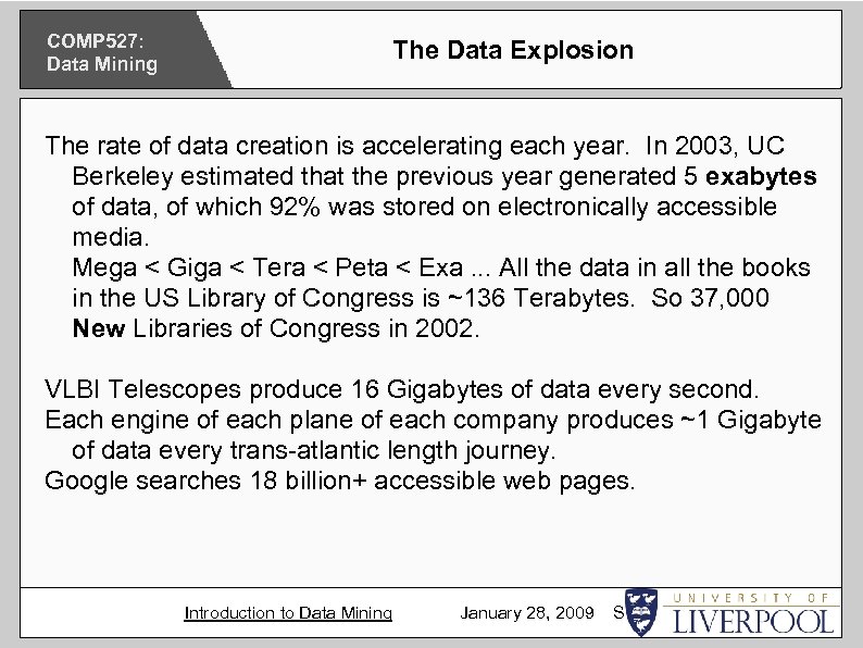 COMP 527: Data Mining The Data Explosion The rate of data creation is accelerating