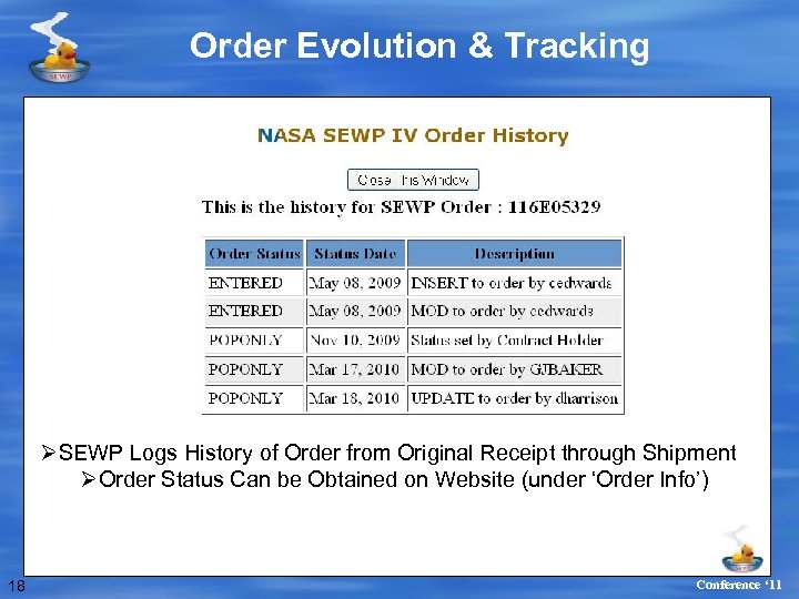 Order Evolution & Tracking ØSEWP Logs History of Order from Original Receipt through Shipment