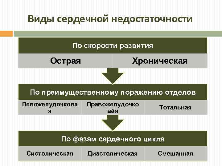 Виды сердечной недостаточности По скорости развития Острая Хроническая По преимущественному поражению отделов Левожелудочкова я