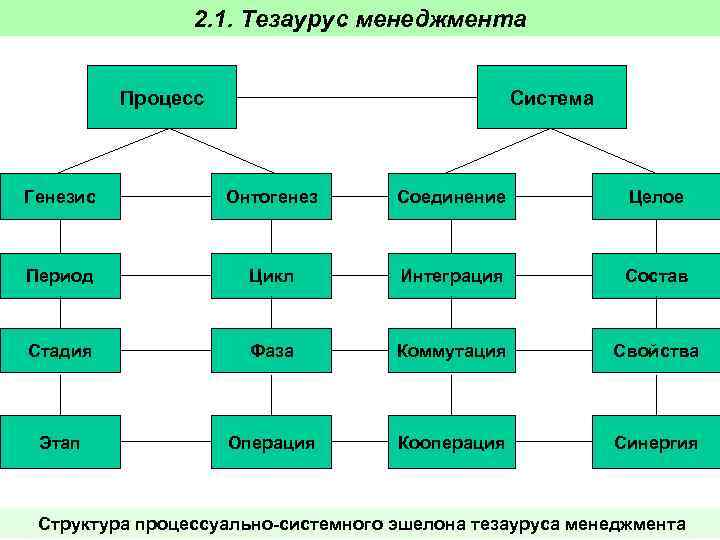 2. 1. Тезаурус менеджмента Процесс Система Генезис Онтогенез Соединение Целое Период Цикл Интеграция Состав