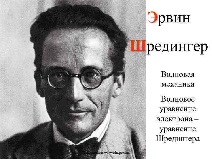 Эрвин Шредингер Волновая механика Волновое уравнение электрона – уравнение Шредингера Из коллекции www. eduspb.