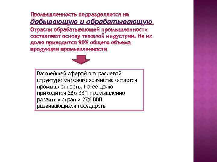 добывающую и обрабатывающую Важнейшей сферой в отраслевой структуре мирового хозяйства остается промышленность. На ее