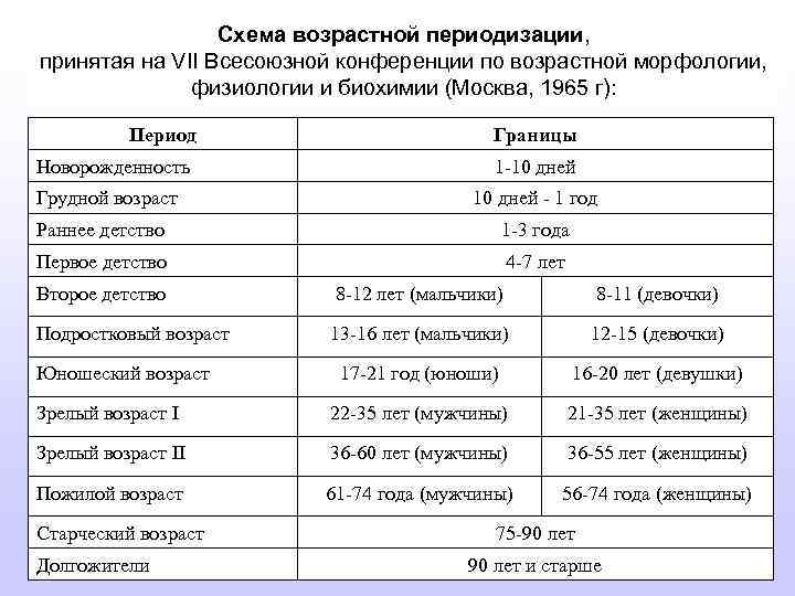 Возрастная периодизация схема