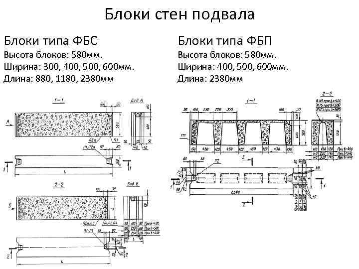 Блоки стен подвала Блоки типа ФБС Высота блоков: 580 мм. Ширина: 300, 400, 500,