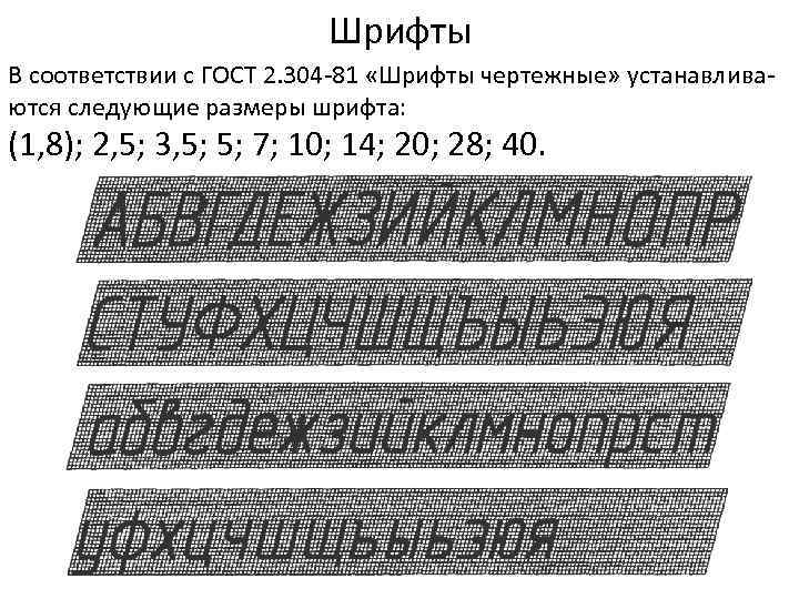 Шрифты В соответствии с ГОСТ 2. 304 -81 «Шрифты чертежные» устанавливаются следующие размеры шрифта: