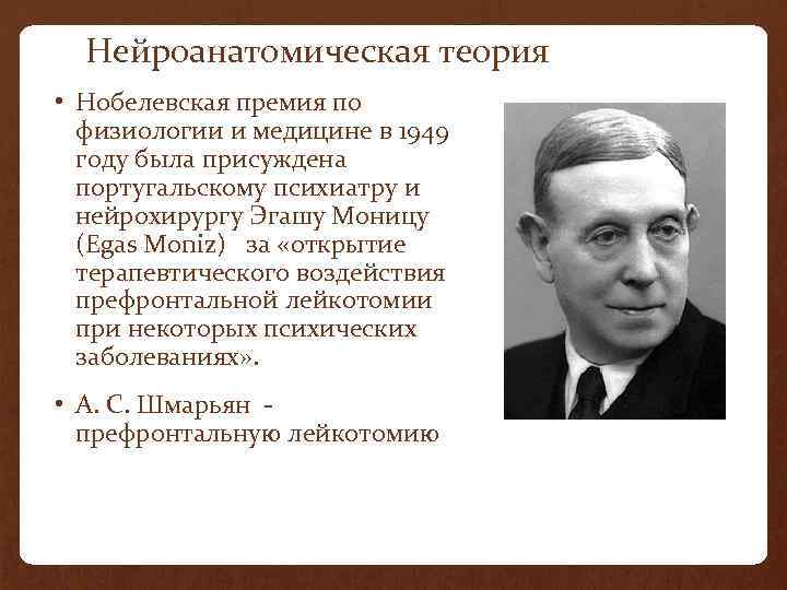 Нейроанатомическая теория • Нобелевская премия по физиологии и медицине в 1949 году была присуждена