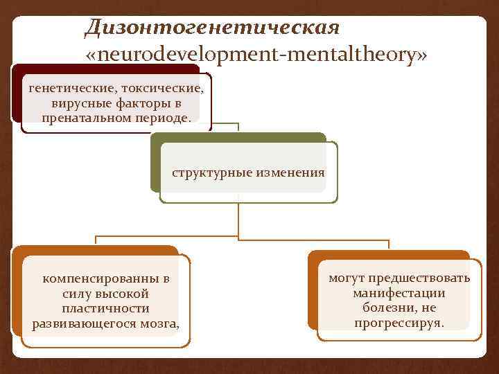 Дизонтогенетическая «neurodevelopment-mentaltheory» генетические, токсические, вирусные факторы в пренатальном периоде. структурные изменения компенсированны в силу