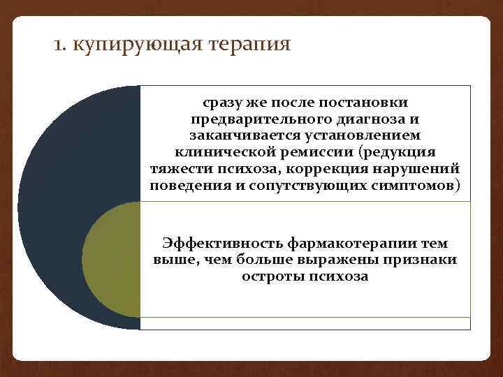 1. купирующая терапия сразу же после постановки предварительного диагноза и заканчивается установлением клинической ремиссии