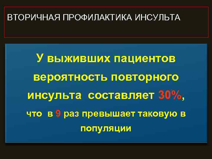 ВТОРИЧНАЯ ПРОФИЛАКТИКА ИНСУЛЬТА У выживших пациентов вероятность повторного инсульта составляет 30%, что в 9