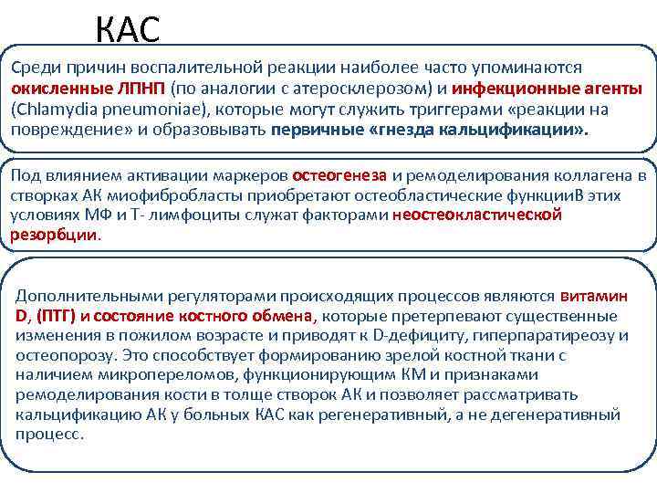 КАС Среди причин воспалительной реакции наиболее часто упоминаются окисленные ЛПНП (по аналогии с атеросклерозом)