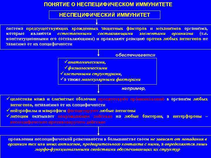 ПОНЯТИЕ О НЕСПЕЦИФИЧЕСКОМ ИММУНИТЕТЕ НЕСПЕЦИФИЧЕСКИЙ ИММУНИТЕТ система предсуществующих врожденных защитных факторов и механизмов организма,