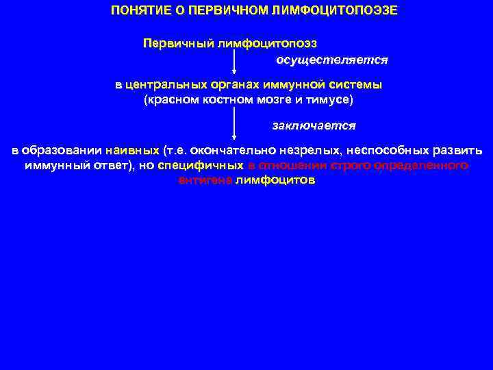 ПОНЯТИЕ О ПЕРВИЧНОМ ЛИМФОЦИТОПОЭЗЕ Первичный лимфоцитопоэз осуществляется в центральных органах иммунной системы (красном костном