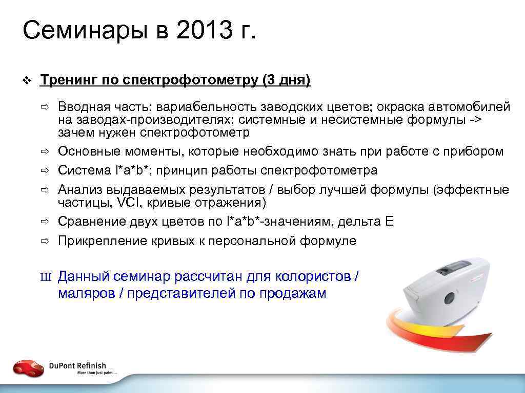 Семинары в 2013 г. v Тренинг по спектрофотометру (3 дня) ð ð ð Ш