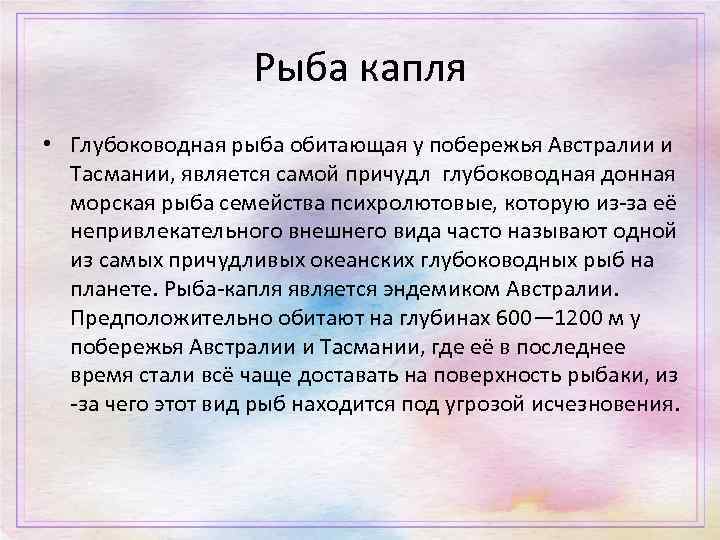 Рыба капля • Глубоководная рыба обитающая у побережья Австралии и Тасмании, является самой причудл