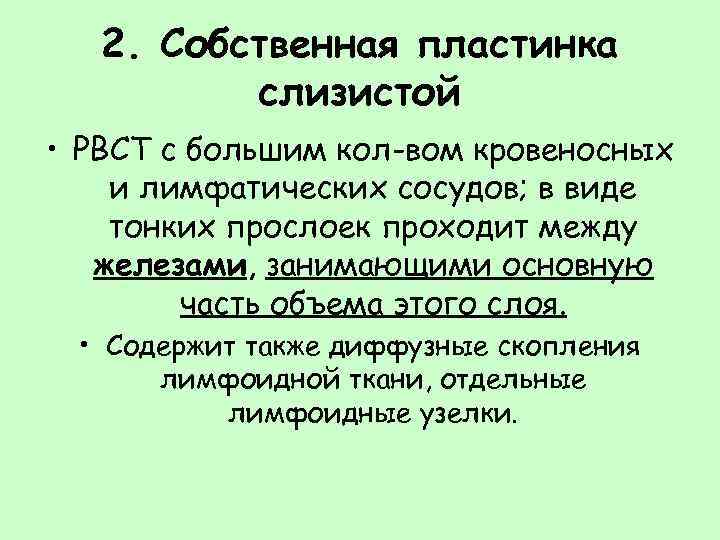 2. Собственная пластинка слизистой • РВСТ с большим кол-вом кровеносных и лимфатических сосудов; в