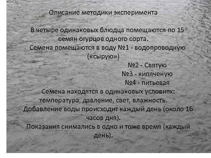 Описание методики эксперимента В четыре одинаковых блюдца помещаются по 15 семян огурцов одного сорта.