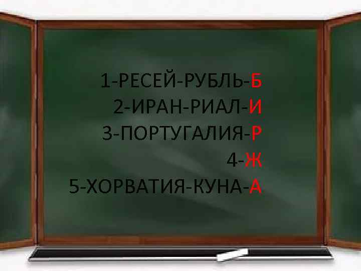 1 -РЕСЕЙ-РУБЛЬ-Б 2 -ИРАН-РИАЛ-И 3 -ПОРТУГАЛИЯ-Р 4 -Ж 5 -ХОРВАТИЯ-КУНА-А 