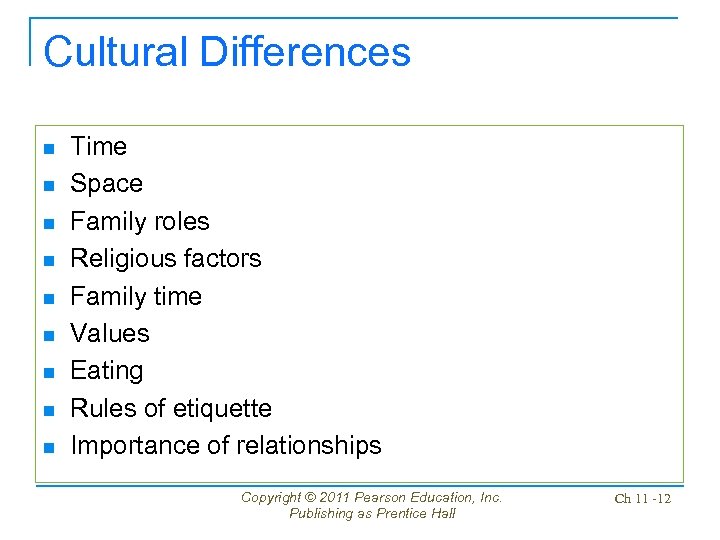 Cultural Differences n n n n n Time Space Family roles Religious factors Family