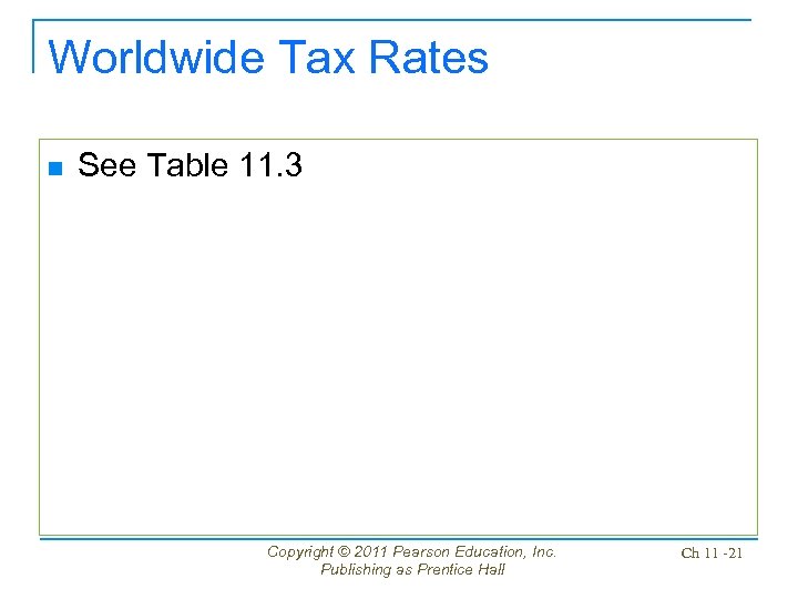 Worldwide Tax Rates n See Table 11. 3 Copyright © 2011 Pearson Education, Inc.
