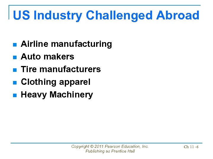 US Industry Challenged Abroad n n n Airline manufacturing Auto makers Tire manufacturers Clothing