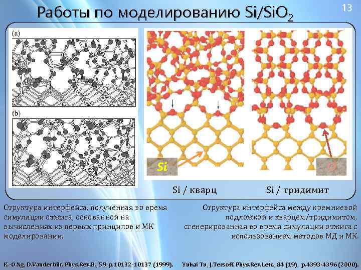 Работы по моделированию Si/Si. O 2 Si 13 O Si / кварц Структура интерфейса,