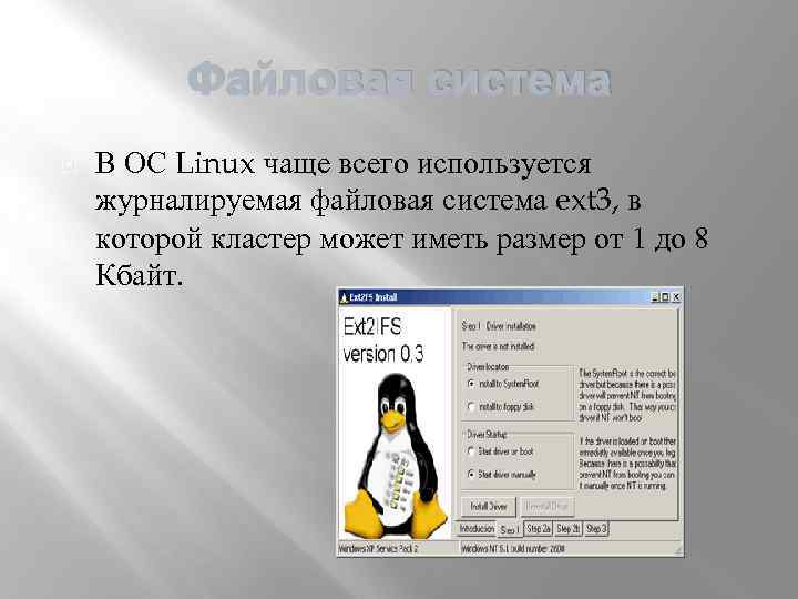 Файловая система В ОС Linux чаще всего используется журналируемая файловая система ext 3, в