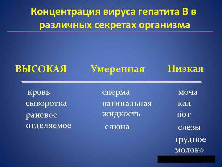 Концентрация вируса гепатита В в различных секретах организма ВЫСОКАЯ кровь сыворотка раневое отделяемое Умеренная