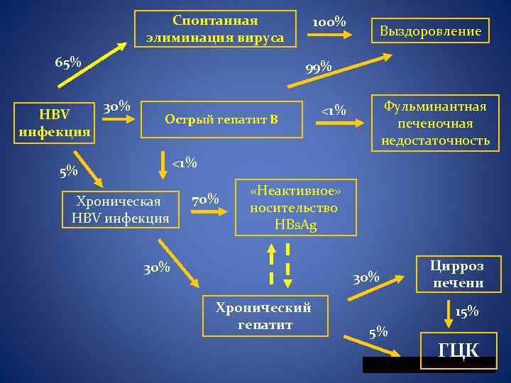 Спонтанная элиминация вируса 65% HBV инфекция 100% Выздоровление 99% 30% Острый гепатит В Фульминантная
