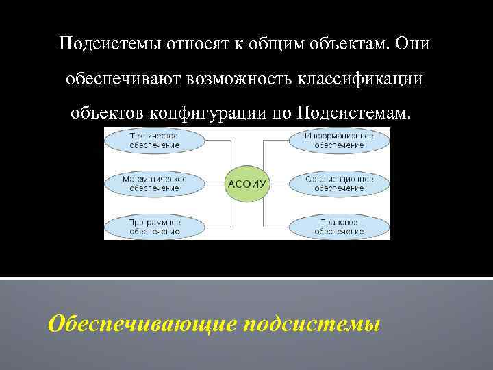 Подсистемы относят к общим объектам. Они обеспечивают возможность классификации объектов конфигурации по Подсистемам. Обеспечивающие
