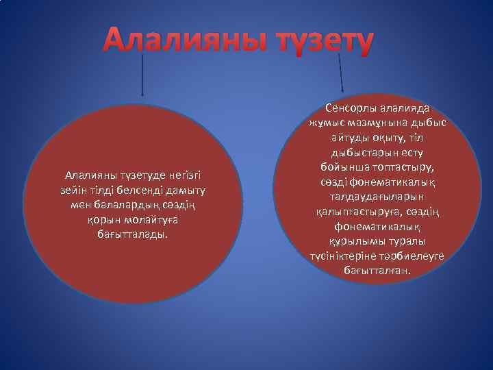 Алалияны түзетуде негізгі зейін тілді белсенді дамыту мен балалардың сөздің қорын молайтуға бағытталады. Сенсорлы