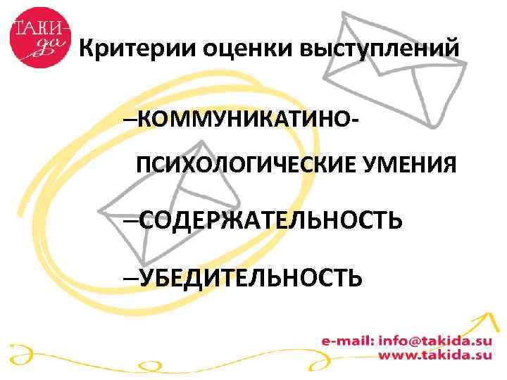 Критерии оценки выступлений –КОММУНИКАТИНОПСИХОЛОГИЧЕСКИЕ УМЕНИЯ –СОДЕРЖАТЕЛЬНОСТЬ –УБЕДИТЕЛЬНОСТЬ 