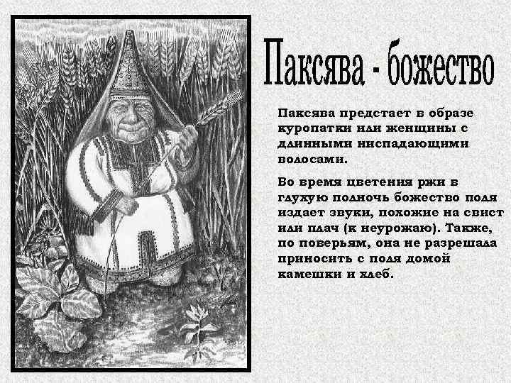 Паксява предстает в образе куропатки или женщины с длинными ниспадающими волосами. Во время цветения