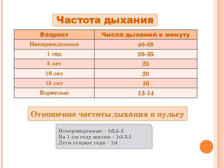 Частота дыхания Возраст Число дыханий в минуту Новорожденные 40 -60 1 год 30 -35