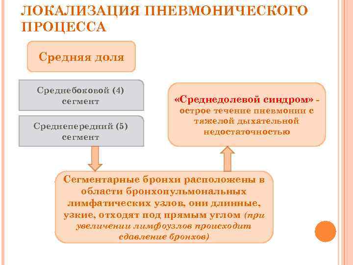 ЛОКАЛИЗАЦИЯ ПНЕВМОНИЧЕСКОГО ПРОЦЕССА Средняя доля Среднебоковой (4) сегмент Среднепередний (5) сегмент «Среднедолевой синдром» острое