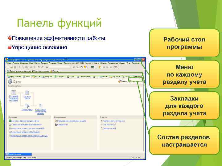 Панель функций Повышение эффективности работы Упрощение освоения Рабочий стол программы Меню по каждому разделу