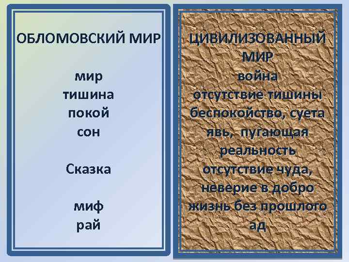 ОБЛОМОВСКИЙ МИР мир тишина покой сон Сказка миф рай ЦИВИЛИЗОВАННЫЙ МИР война отсутствие тишины