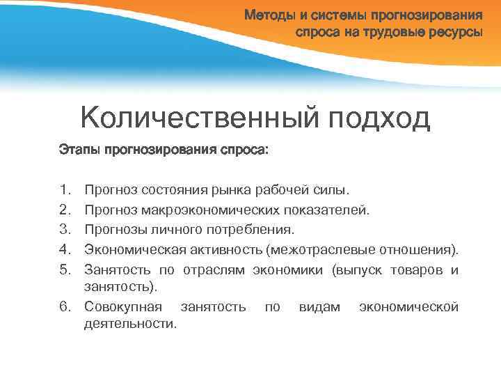 Методы и системы прогнозирования спроса на трудовые ресурсы Количественный подход Этапы прогнозирования спроса: 1.