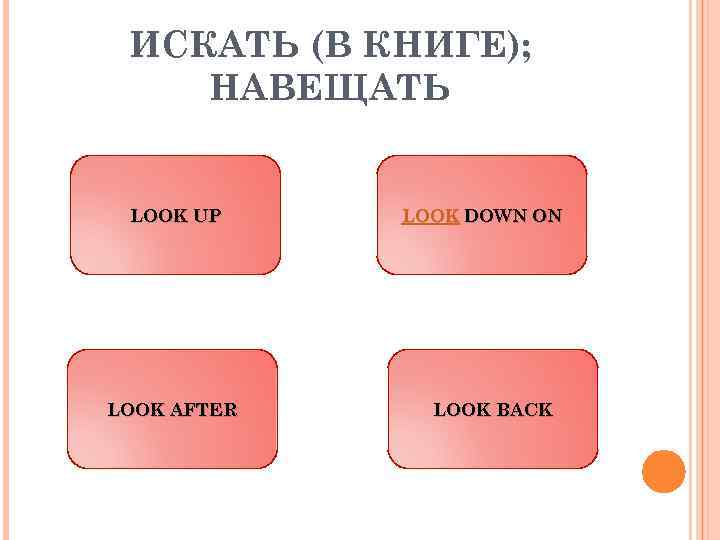 ИСКАТЬ (В КНИГЕ); НАВЕЩАТЬ LOOK UP LOOK AFTER LOOK DOWN ON LOOK BACK 