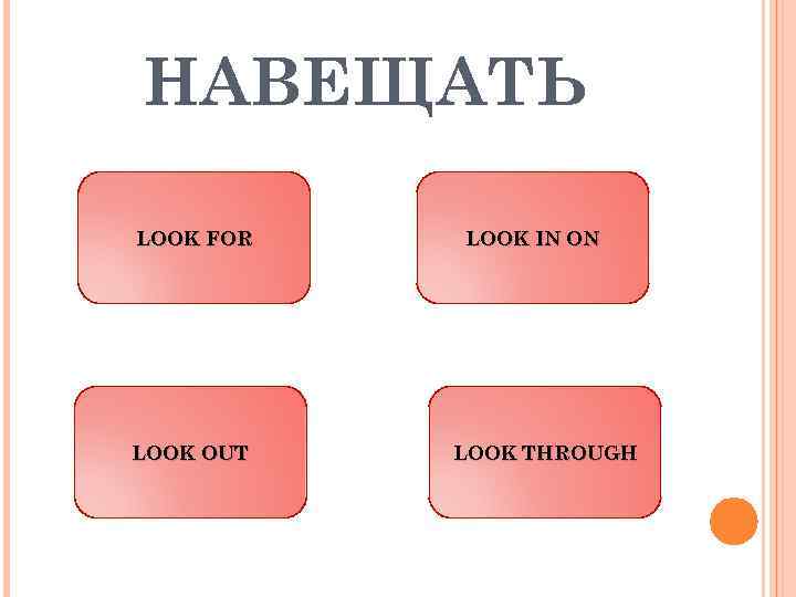 НАВЕЩАТЬ LOOK FOR LOOK OUT LOOK IN ON LOOK THROUGH 