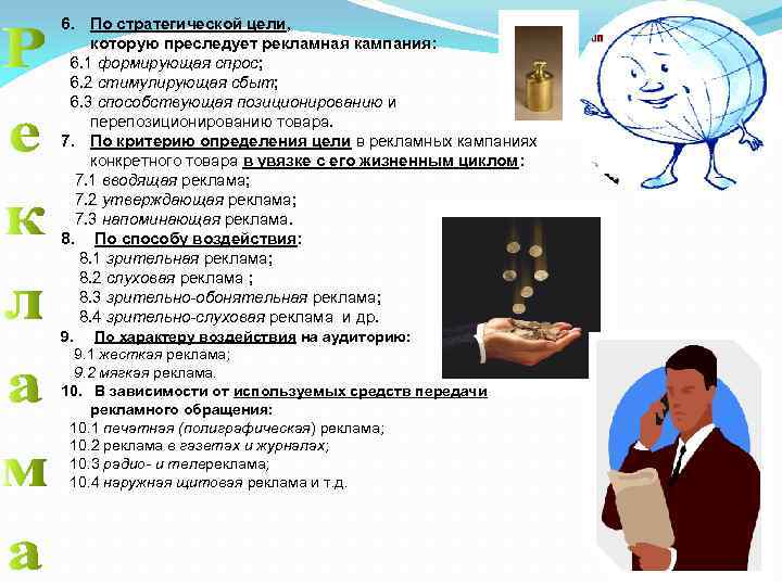 6. По стратегической цели, которую преследует рекламная кампания: 6. 1 формирующая спрос; 6. 2