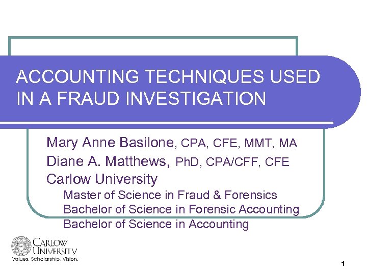 ACCOUNTING TECHNIQUES USED IN A FRAUD INVESTIGATION Mary Anne Basilone, CPA, CFE, MMT, MA