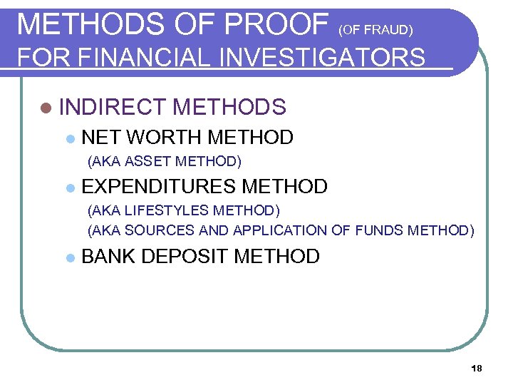 METHODS OF PROOF (OF FRAUD) FOR FINANCIAL INVESTIGATORS l INDIRECT l METHODS NET WORTH