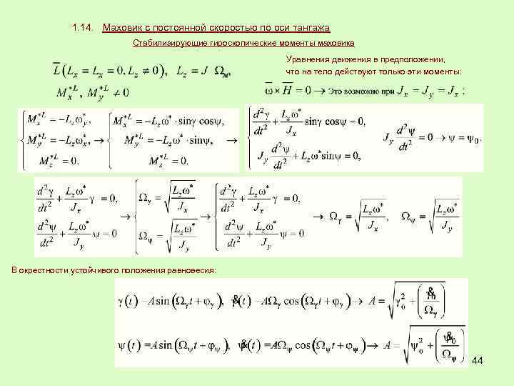1. 14. Маховик с постоянной скоростью по оси тангажа Стабилизирующие гироскопические моменты маховика Уравнения