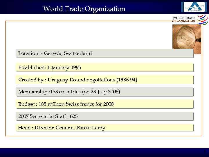 World Trade Organization Location : - Geneva, Switzerland Established: 1 January 1995 Created by