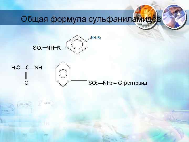 Общая формула сульфаниламидов NH R 1 SO 2 NH R H 3 C—C—NH ║