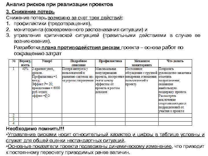 Анализ рисков при реализации проектов 3. Снижение потерь возможно за счет трех действий: 1.